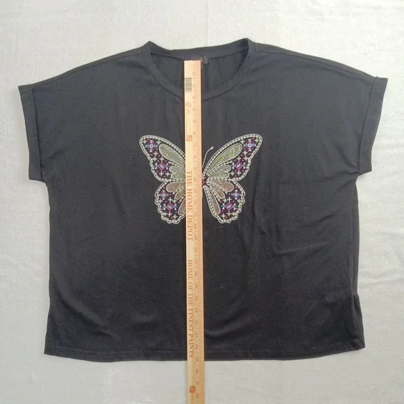 OnTwelfth Womens Short Sleeve Black Sequin Butterfly Top Boho Y2K Tee - 2X - Picture 10 of 11